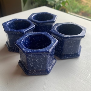 Vintage Set of 4 Stoneware Blue Octagon Napkin Rings, Blue and White