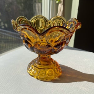 Vintage Amber L.E. Smith Moon and Stars Amber Glass Bowl, L.E. Smith Moon and Stars Pattern, Pedestal Compote Candy Dish