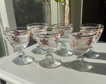 Vintage Libbey Golden Foliage Leaves Cocktail Glasses, Set of 6