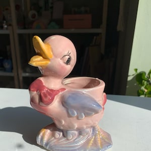 Vintage Very Cute Duck Planter, Pink Purple, Bow and Eyelashes, Unique Planter, Duckling Planter