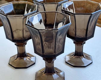 Vintage Independence Glass Octagonal Smoky Pedestal Juice Glasses, Set of Four
