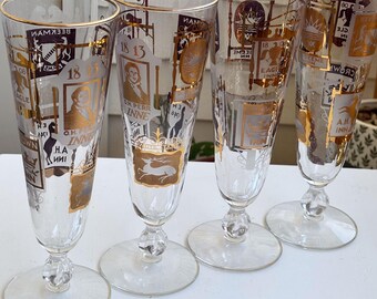 Vintage Libbey Pilsner Glasses - Fluted Gold Accent, Illustrated - Set of 4