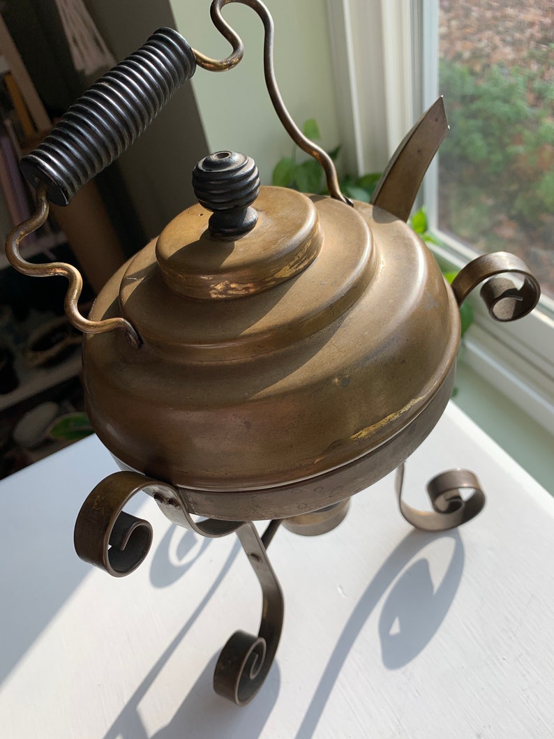 Antique Brass Teapot With Stand and Burner, Detailed Wooden Handle