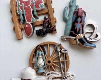 Vintage Western Burwood Wall Hangings, cactus, Saddle, Cowboy, Cowboy Boot, Home Decor, 3 piece