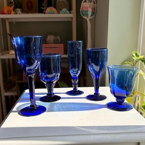 Vintage Glass Set, Cobalt Blue Handblown Glasses, all different and unique - deep cobalt blue, MCM, mid century, wine glasses, goblets