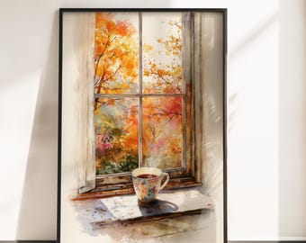 Autumn Window Wall Art - English Tea Poster - Rustic Watercolor Art Print - Cozy Fall Wall Decor