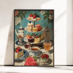 Peut inclure: Une impression encadrée d'une scène de tea party. Un présentoir à trois niveaux présente des pâtisseries et des fruits. Tasses à thé, théières et verres de jus sont disposés sur une table. Une grande rose rose est au premier plan. Le fond est bleu clair.