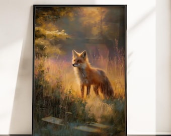 May include: Framed art print depicting a fox in a field. The fox, with reddish-orange fur, stands in tall, golden grass. The background shows trees and a soft, warm light, creating a serene, natural scene.