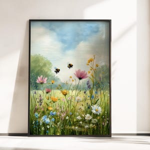 Wildflower Meadow Wall Art – Bumblebee Floral Print, Summer Field Nature Poster, Bumblebee Poster, Botanical Painting, Wildflower Wall art