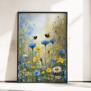 Wildflower and Bee Wall Art – Colorful Meadow Floral Print, Bumblebee Nature Poster, English Cottage Decor, Wildflower Poster, Bumblebee Art