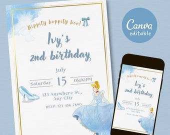 Cinderella Birthday Invitation, Princess Party, Editable Template (PDF)