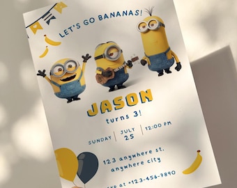 Minions Birthday Invitation, Let's Go Bananas Theme, Custom Birthday Party Invite