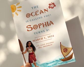 Moana Birthday Invitation Printable, Tropical Beach Party (Editable Canva Template)