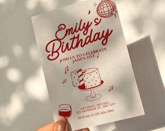 Coquette 21st Birthday Invitation Galentine's Invite with Red Bow Girl's Vintage Retro Dinner Party Editable Canva Template