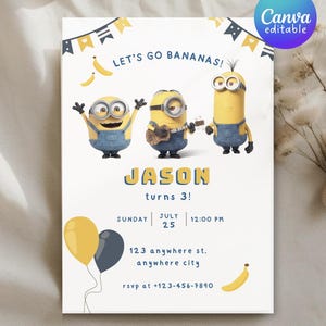 Minions Einladung Minions Geburtstagsparty Digitale Einladungsvorlage Junge Geburtstag Mädchen Party Minion Thema Bearbeitbar Einladung