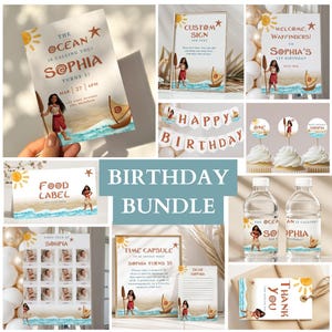 May include: A birthday bundle with a tropical theme, including invitations, signs, cupcake toppers, and water bottle labels. Designs feature a character with a spear, a sailboat, and beach elements. Includes text.