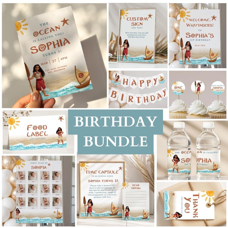 May include: A birthday bundle with a tropical theme, including invitations, signs, cupcake toppers, and water bottle labels. Designs feature a character with a spear, a sailboat, and beach elements. Includes text.