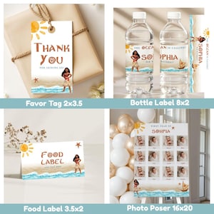 May include: Party decorations with a beach theme and a cartoon character. Includes favor tags, bottle labels, food labels, and a photo poster. The text on the items includes "Thank You", "The Ocean is Calling", and "First Year of Sophia".