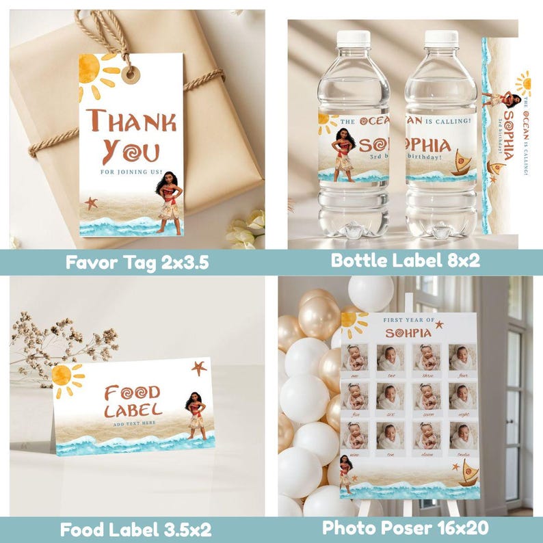 May include: Party decorations with a beach theme and a cartoon character. Includes favor tags, bottle labels, food labels, and a photo poster. The text on the items includes "Thank You", "The Ocean is Calling", and "First Year of Sophia".