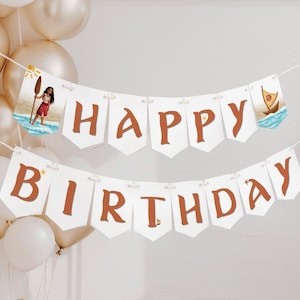 May include: A white banner with the words "HAPPY BIRTHDAY" in brown letters. The banner has illustrations of a woman with a paddle and a boat on the ends. Balloons are in the background.