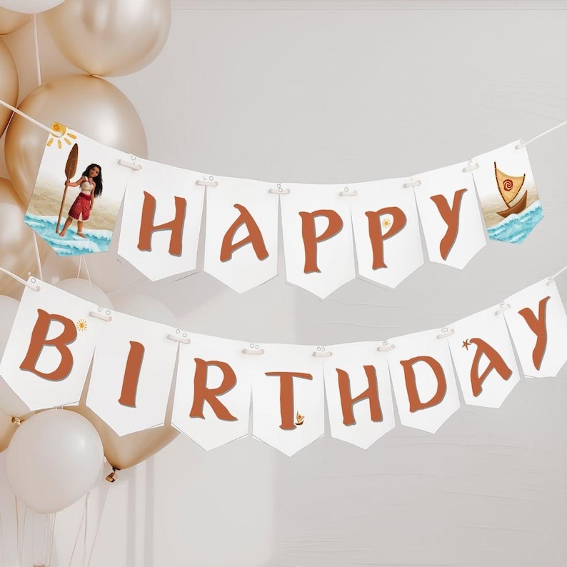 May include: A white banner with the words "HAPPY BIRTHDAY" in brown letters. The banner has illustrations of a woman with a paddle and a boat on the ends. Balloons are in the background.