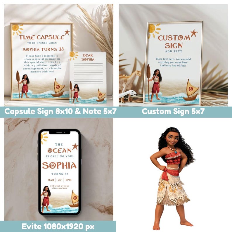 May include: Party supplies with a Moana theme, including a framed time capsule sign, a note card, a custom sign, and a smartphone displaying an Evite invitation. The signs and invitation feature illustrations of Moana, a boat, and ocean waves.