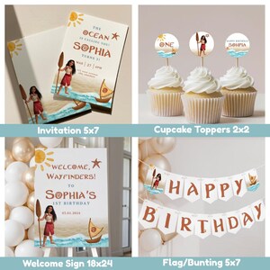May include: Party decorations with a tropical theme, including invitations, cupcake toppers, a welcome sign, and a banner. The designs feature a cartoon character, a sailboat, and the text "The Ocean is Calling You!" and "Happy Birthday".