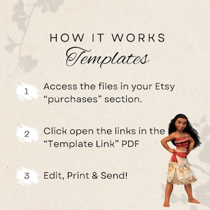 May include: A beige graphic with the text "HOW IT WORKS Templates". Instructions include accessing files in the Etsy "purchases" section, opening links in the "Template Link" PDF, and editing, printing, and sending. A cartoon character is on the right.