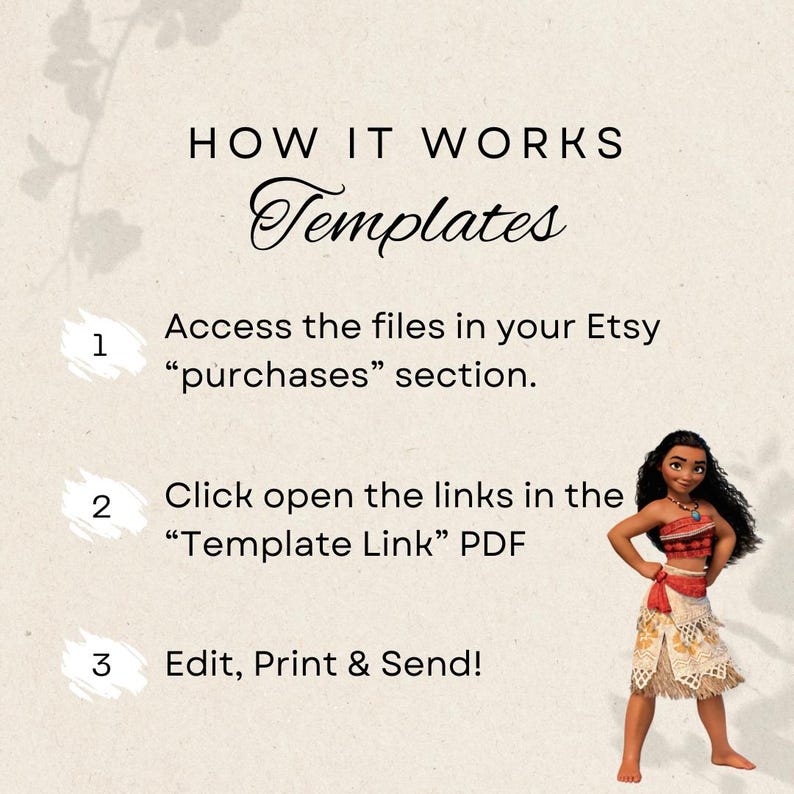 May include: A beige graphic with the text "HOW IT WORKS Templates". Instructions include accessing files in the Etsy "purchases" section, opening links in the "Template Link" PDF, and editing, printing, and sending. A cartoon character is on the right.