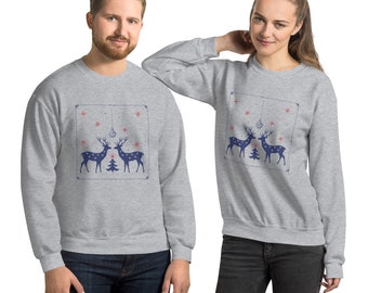 May include: A gray sweatshirt with a blue and red design of two reindeer standing in front of a Christmas tree with a star on top. The design is surrounded by a square frame with red stars.