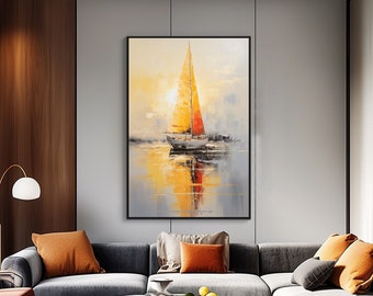 Seascape, Sea Scenery, Sunrise, Sailboat 100% Hand Painted, Acrylic Abstract Oil Painting, Textured Painting, Wall Decor Living Room, Office
