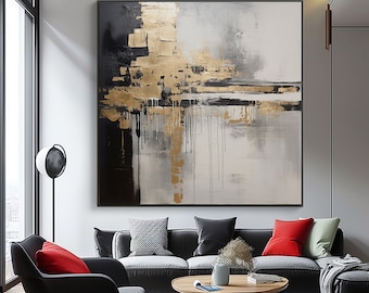 Black, Gray, Gold 100% Hand Painted, Acrylic Abstract Oil Painting, Textured Painting, Wall Decor Living Room, Office Wall Art