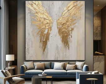 Gold Wings,Angel,Beige 100% Hand Painted, Acrylic Abstract Oil Painting, Textured Painting, Wall Decor Living Room, Office Wall Art