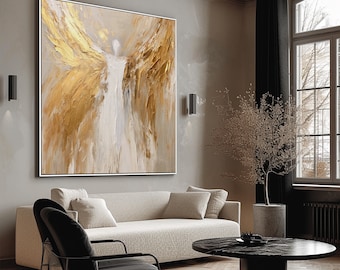 Golden Winged Angel, Beige 100% Hand Painted, Acrylic Abstract Oil Painting, Textured Painting, Wall Decor Living Room, Office Wall Art