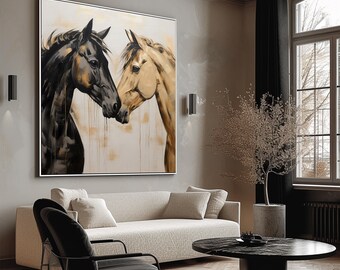 Horse Love, Portrait, Gold, 100% Hand Painted, Acrylic Abstract Oil Painting, Textured Painting, Wall Decor Living Room, Office Wall Art