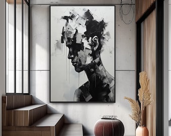 Male Face, Human Figure, Black, Beige, Gray 100% Hand Painted, Acrylic Abstract Oil Painting, Textured Painting, Wall Decor Living Room