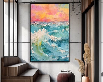 Ocean Scenery, Sunset, Summer 100% Hand Painted, Acrylic Abstract Oil Painting, Textured Painting, Wall Decor Living Room, Office Wall Art