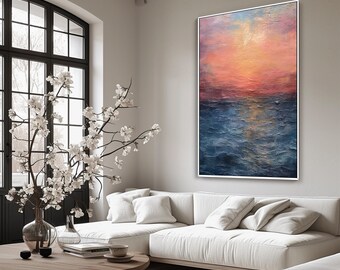 Oceaanlandschap, zonsondergang, roze lucht 100% handgeschilderd, acryl abstract olieverfschilderij, getextureerd schilderen, wanddecoratie woonkamer, kantoormuur