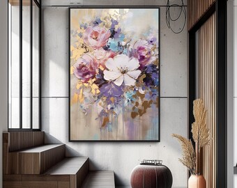 Flower Bunch, Gold,Purple,Pink 100% Hand Painted, Acrylic Abstract Oil Painting, Textured Painting, Wall Decor Living Room, Office Wall Art