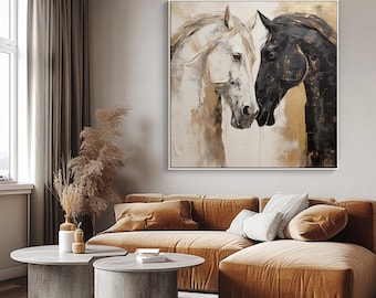 Horse Love, Gold 100% Hand Painted, Acrylic Abstract Oil Painting, Textured Painting, Wall Decor Living Room, Office Wall Art