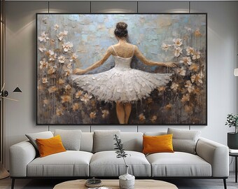 Ballerina, Flowers, Daisies 100% Hand Painted, Acrylic Abstract Oil Painting, Textured Painting, Wall Decor Living Room, Office Wall Art