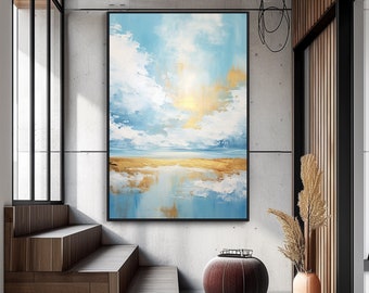 Seascape, Ocean Landscape, Horizon, Gold 100% Hand Painted, Acrylic Abstract Oil Painting, Textured Painting, Wall Decor Living Room, Office