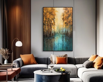 Forest Scenery, Lake, Yellow Leaves 100% Hand Painted, Acrylic Abstract Oil Painting, Textured Painting, Wall Decor Living Room, Office Wall