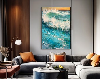 Ocean Scenery, Nature, Sunset 100% Hand Painted, Acrylic Abstract Oil Painting, Textured Painting, Wall Decor Living Room, Office Wall Art