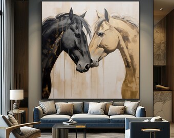 Horse Love, Gold, Portrait 100% Hand Painted, Acrylic Abstract Oil Painting, Textured Painting, Wall Decor Living Room, Office Wall Art