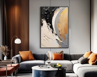 Black, Gold, Beige, Gray 100% Hand Painted, Acrylic Abstract Oil Painting, Textured Painting, Wall Decor Living Room, Office Wall Art