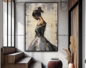 Ballerina, Black, Gray, Beige 100% Hand Painted, Acrylic Abstract Oil Painting, Textured Painting, Wall Decor Living Room, Office Wall Art