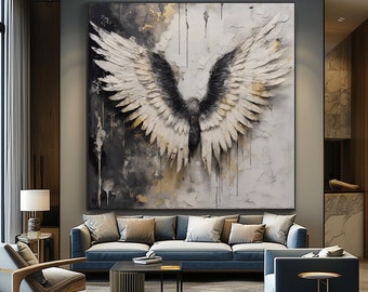 Black And White Wings, Phoenix 100% Hand Painted, Acrylic Abstract Oil Painting, Textured Painting, Wall Decor Living Room, Office Wall Art