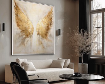 Angel Wings, Gold 100% Hand Painted, Acrylic Abstract Oil Painting, Textured Painting, Wall Decor Living Room, Office Wall Art