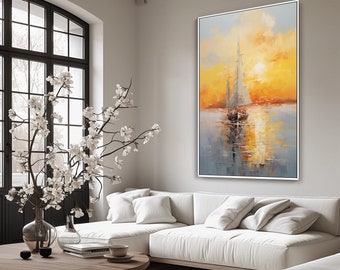 Seascape, Sailboat, Sunrise 100% Hand Painted, Acrylic Abstract Oil Painting, Textured Painting, Wall Decor Living Room, Office Wall Art